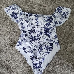 Flounce 1 piece Blue Floral Swimsuit - Size L